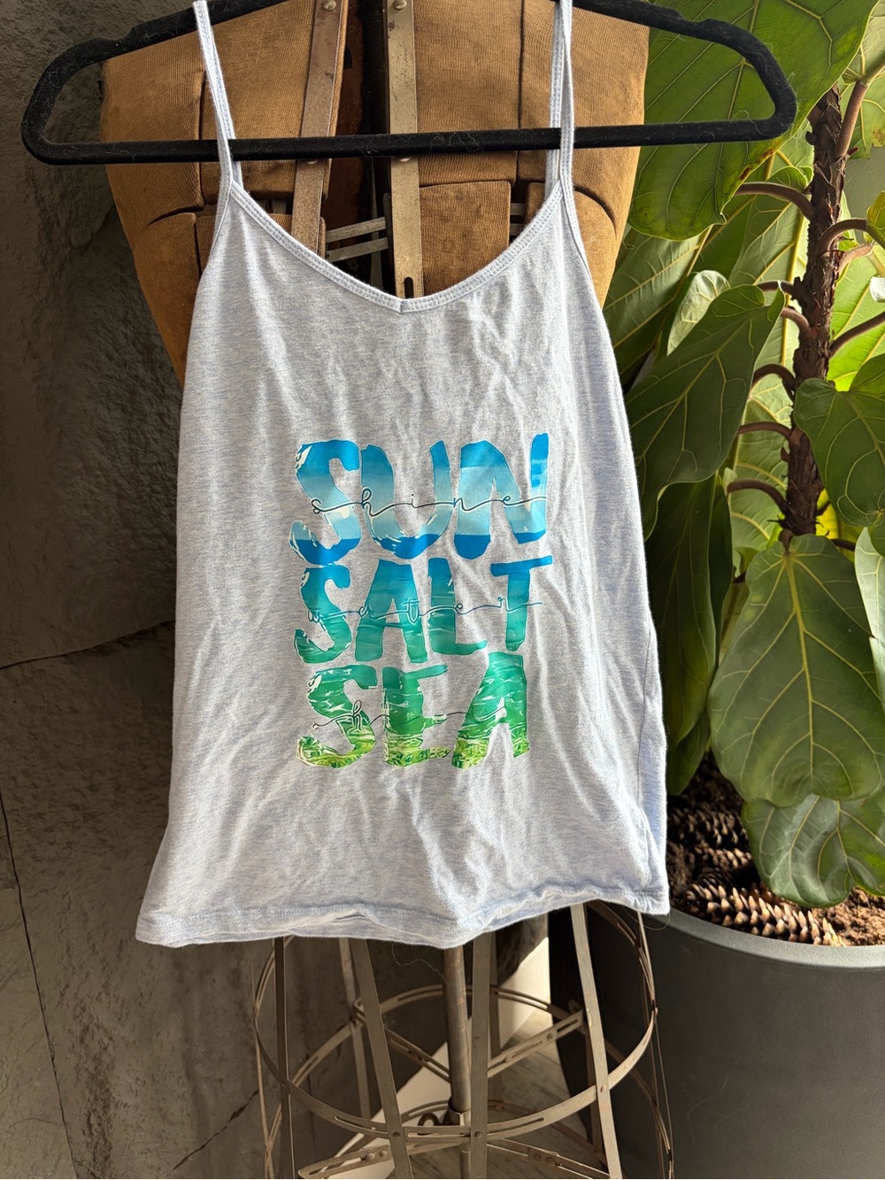 Forever 21 Gray Tank Top with Blue and Green Graphic - "Sun Salt Sea"